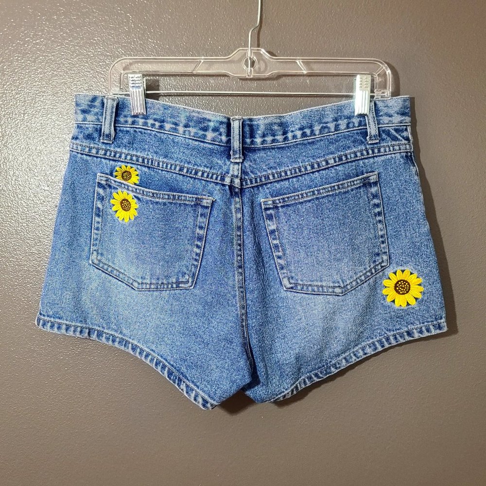 Vintage Adorable Wanted Brand Denim Shorts with Embroidered Sunflower Print